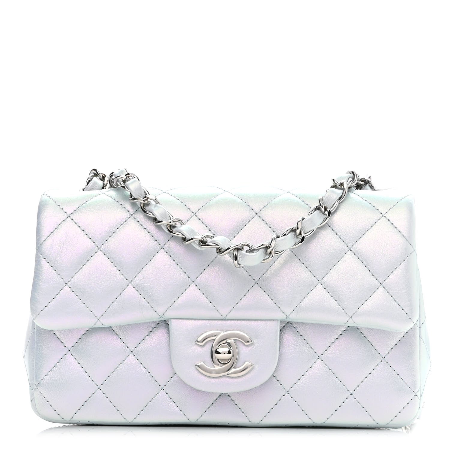 Chanel Iridescent Calfskin Quilted Mini Rectangular Flap Light Blue 1 of 11