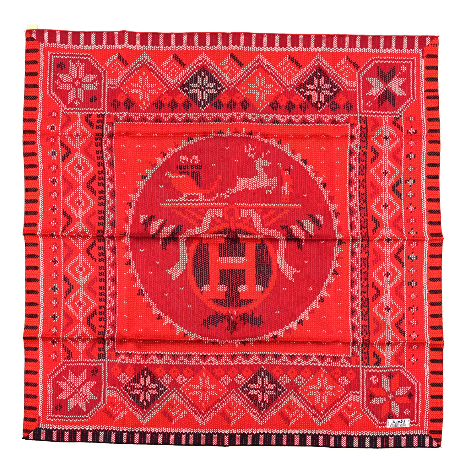 Hermes Silk Au Coin Du Feu Scarf 90 Rouge Bordeaux Black 1 of 3