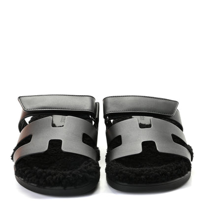 Hermes Calfskin Woolskin Womens Chypre Sandals 37 Black 2 of 9