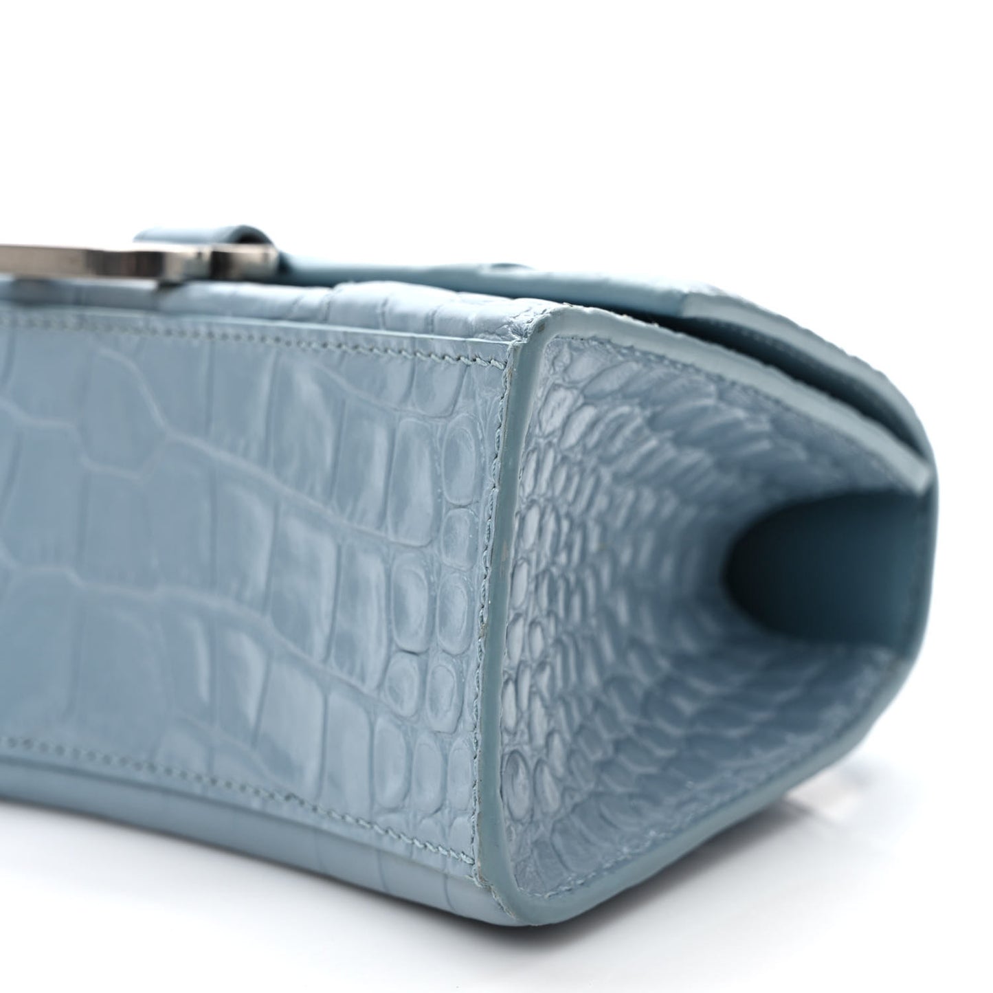 Shiny Calfskin Crocodile Embossed Hourglass Top Handle Bag XS Blue Grey