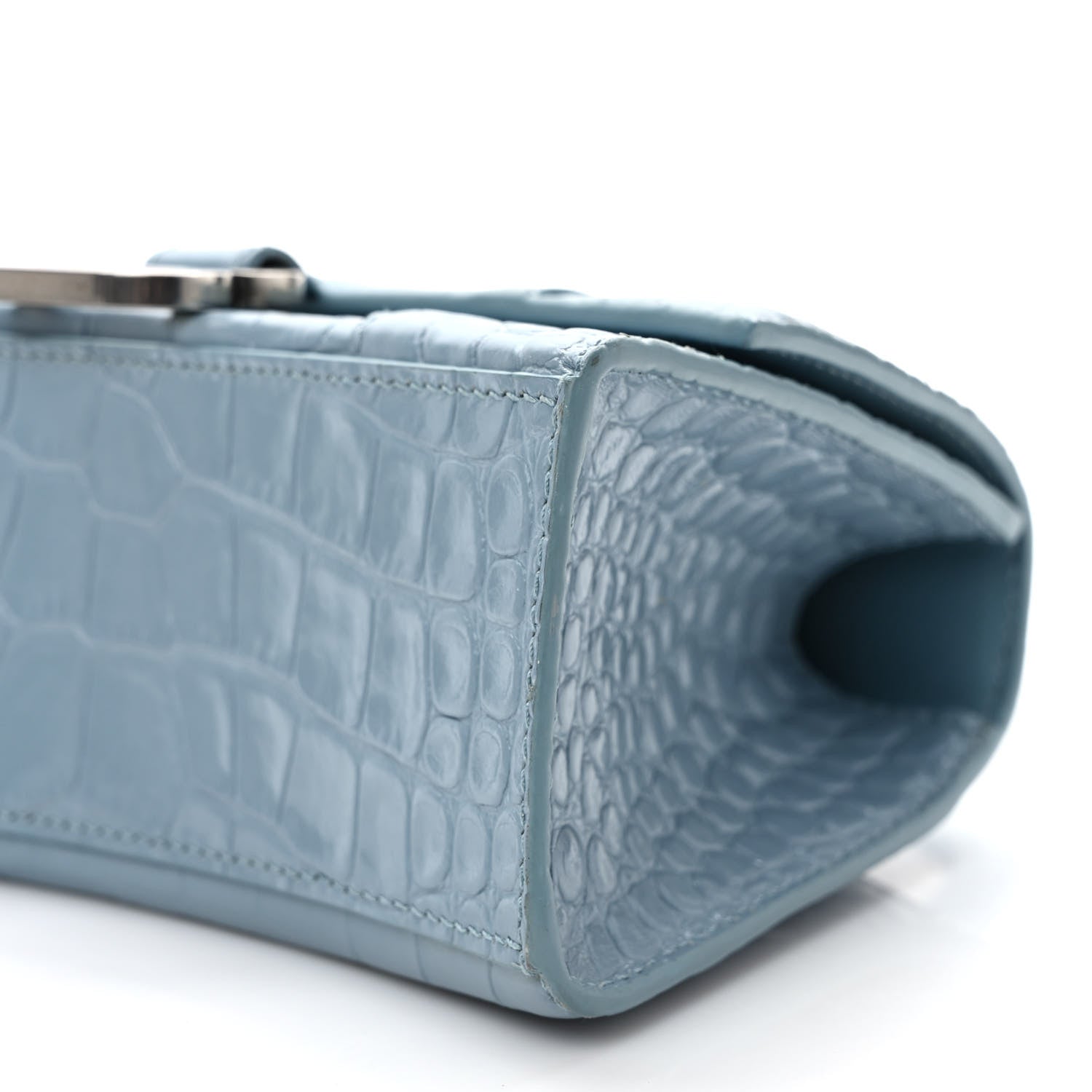 Balenciaga Shiny Calfskin Crocodile Embossed Hourglass Top Handle Bag XS Blue Grey 7 of 8