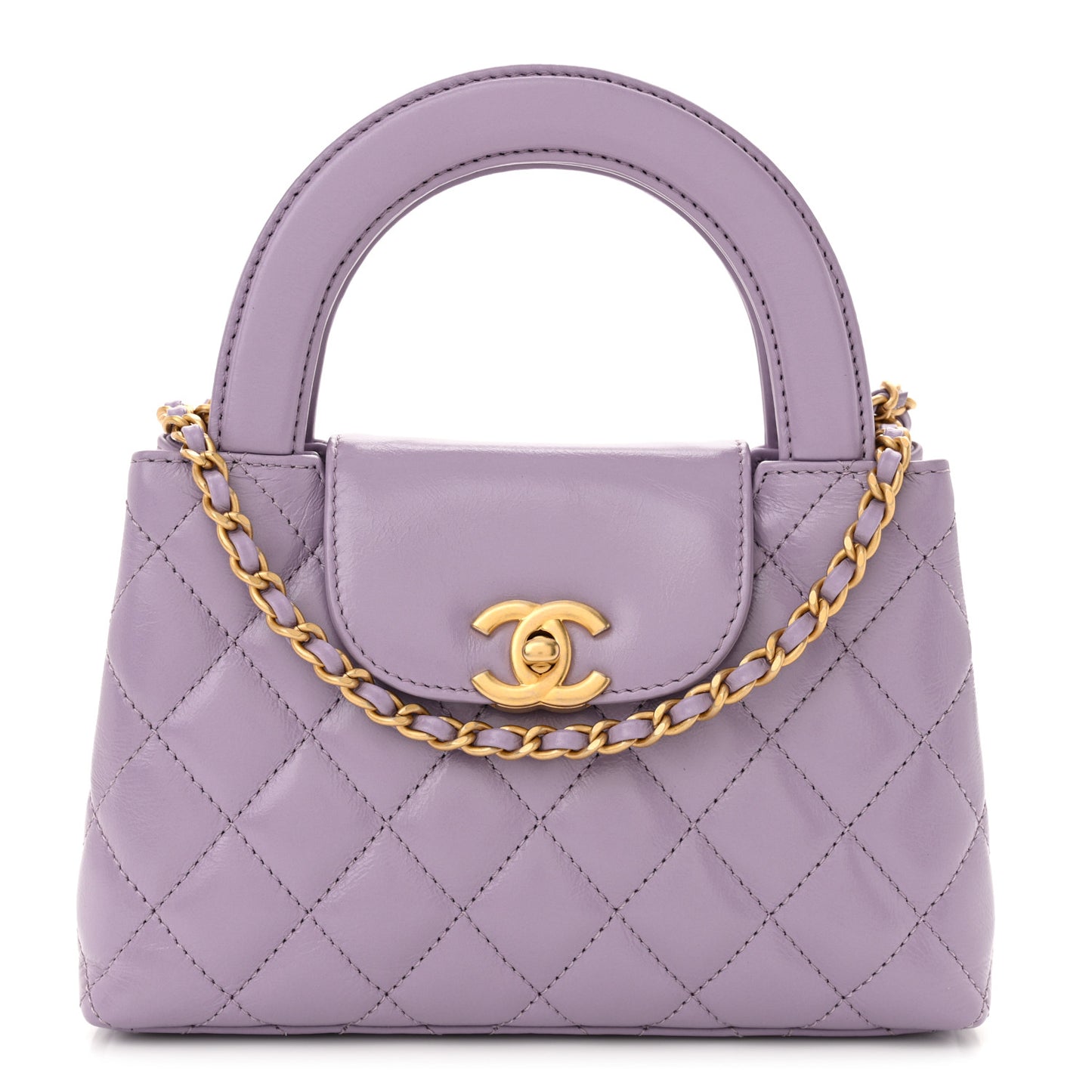 Shiny Aged Calfskin Quilted Nano Kelly Shopper Lilac