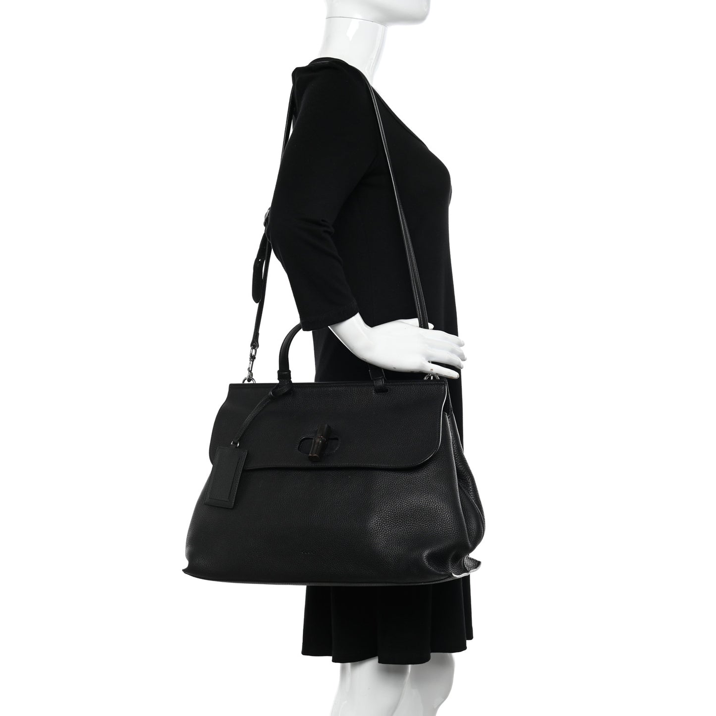 Pebbled Calfskin Large Bamboo Daily Top Handle Bag Black