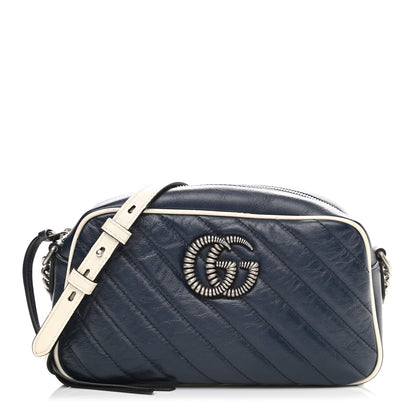 Gucci Vintage Effect Calfskin Matelasse Diagonal Small Torchon GG Marmont Chain Shoulder Bag Blue Agata Mystic White 1 of 11