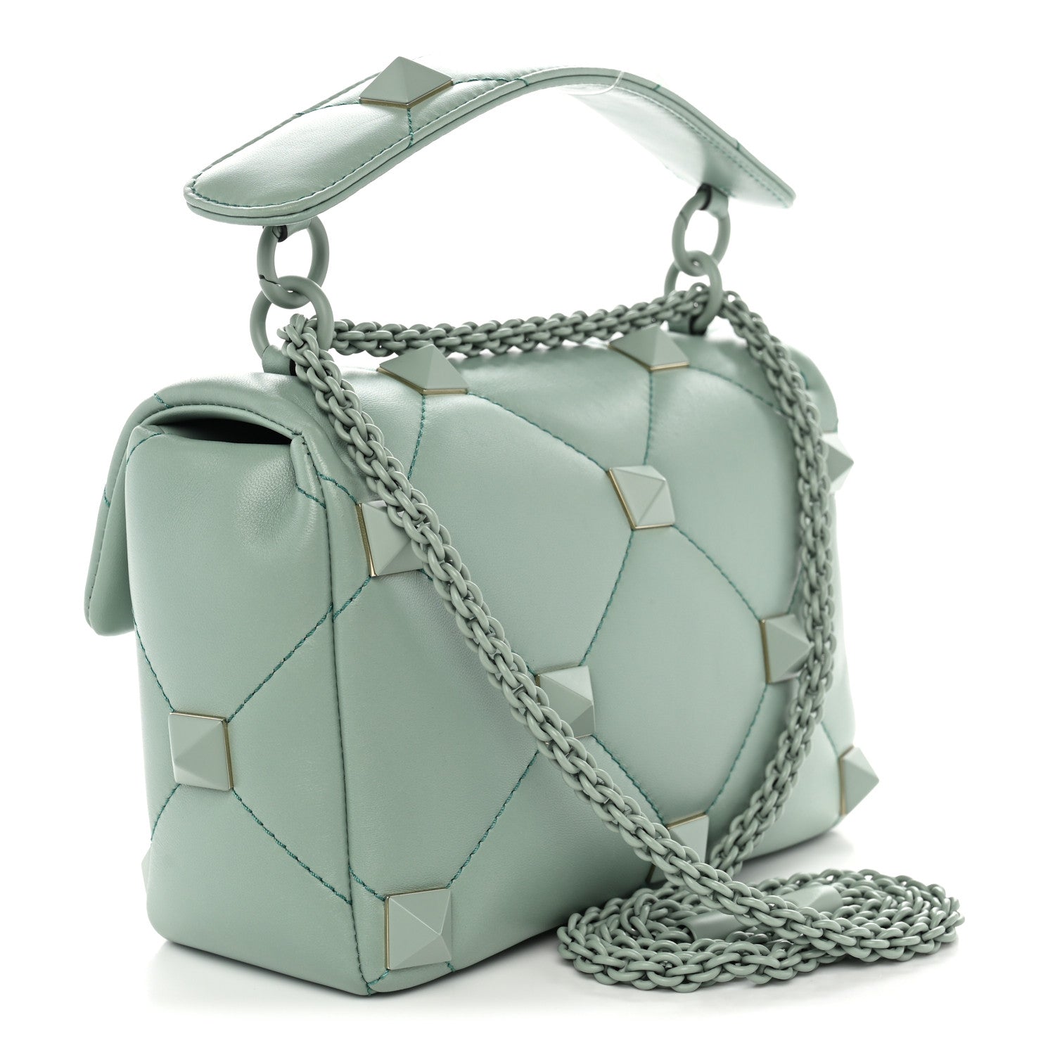 Valentino Garavani Nappa Enamel Monochrome Medium Roman Stud Shoulder Bag Morning Dew 3 of 9