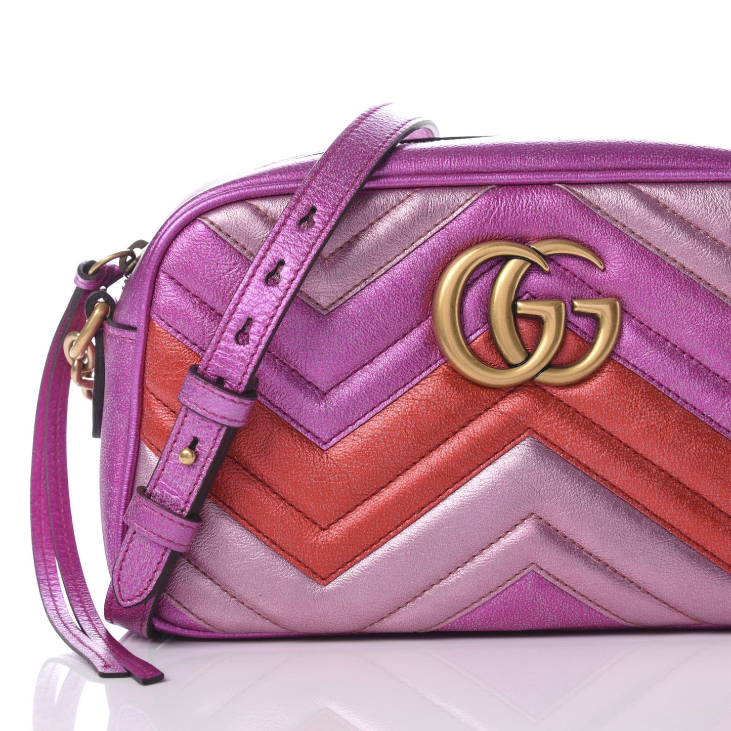 Laminated Nappa Matelasse Small GG Marmont Chain Shoulder Bag Fuxia Rosso Rosa