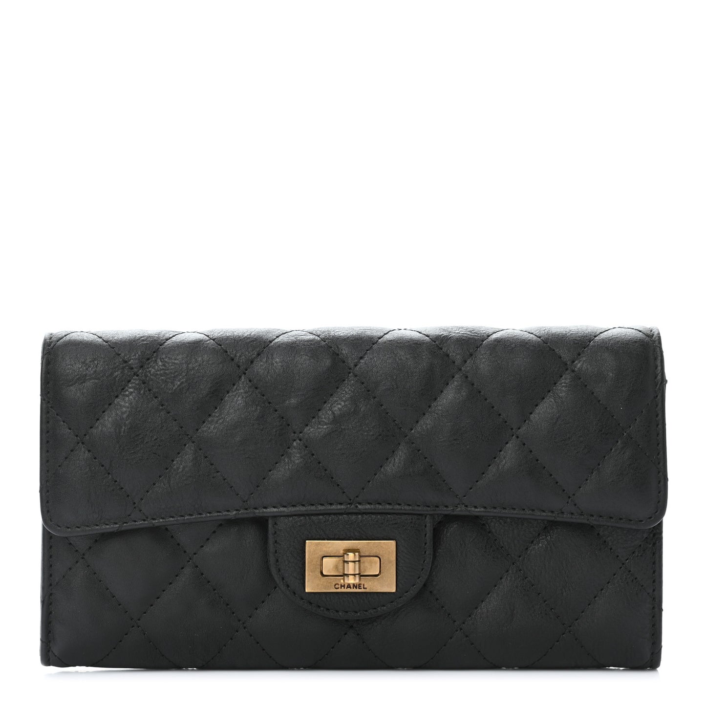 Crumpled Calfskin Quilted Large Reissue Gusset Flap Wallet Black