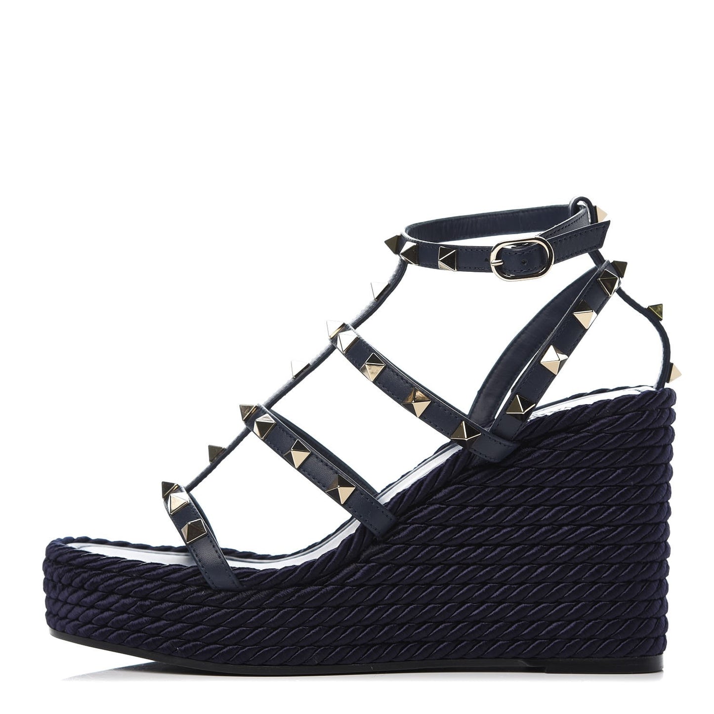 Calfskin Rockstud Ankle Strap Torchon Espadrille Caged Wedge Sandals 36 Navy Blue
