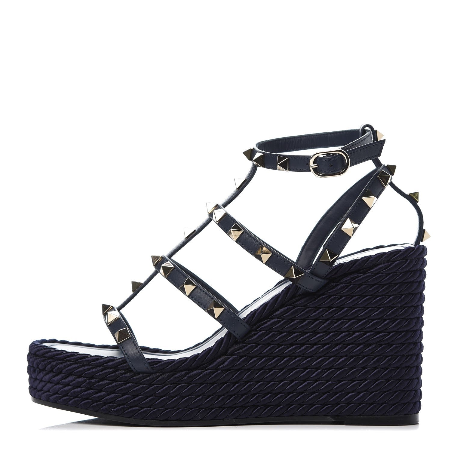 Valentino Garavani Calfskin Rockstud Ankle Strap Torchon Espadrille Caged Wedge Sandals 36 Navy Blue 1 of 8
