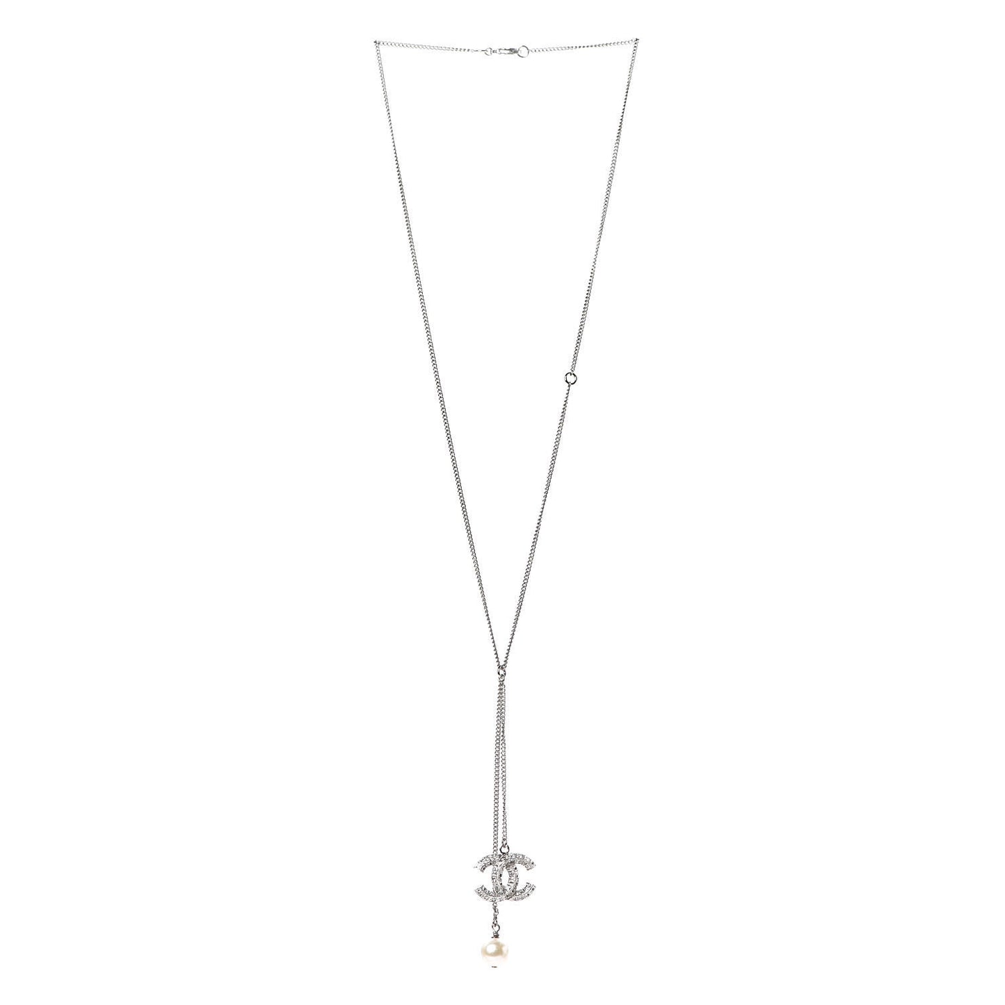 Baguette Crystal Pearl CC Lariat Necklace Silver