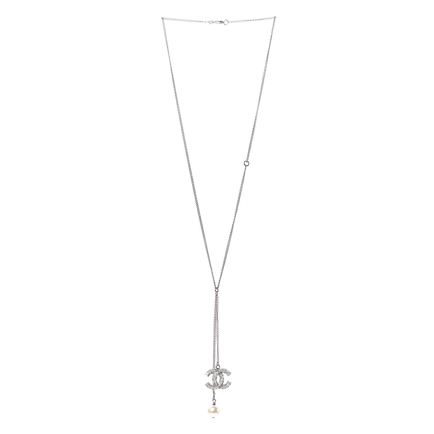 Chanel Baguette Crystal Pearl CC Lariat Necklace Silver 3 of 6