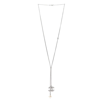 Chanel Baguette Crystal Pearl CC Lariat Necklace Silver 3 of 6