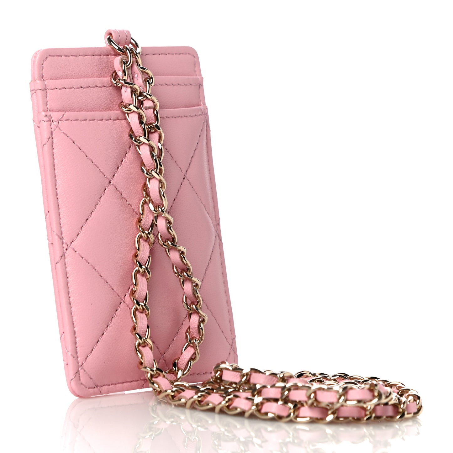 Lambskin Quilted Chanel Card Holder On Chain Pink
