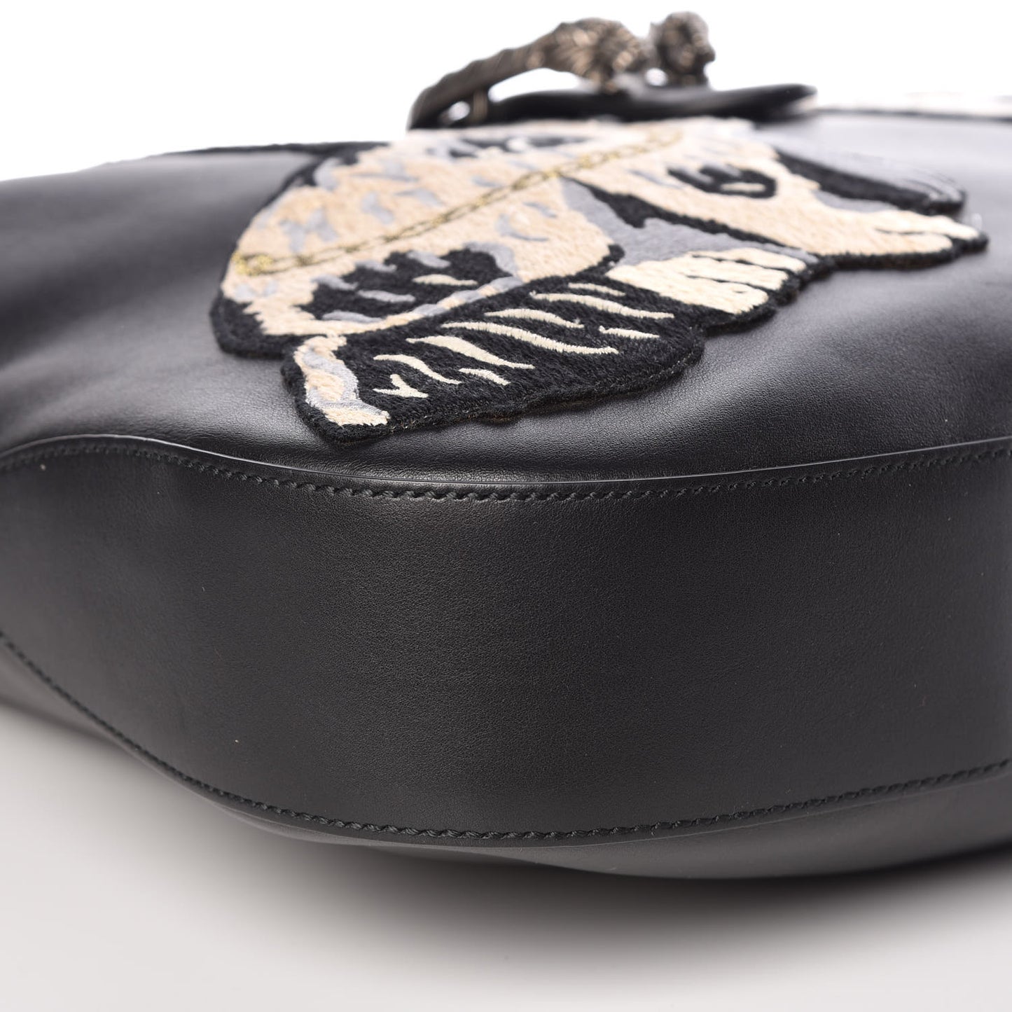 Calfskin Web Dog Embroidered Large Dionysus Hobo Black