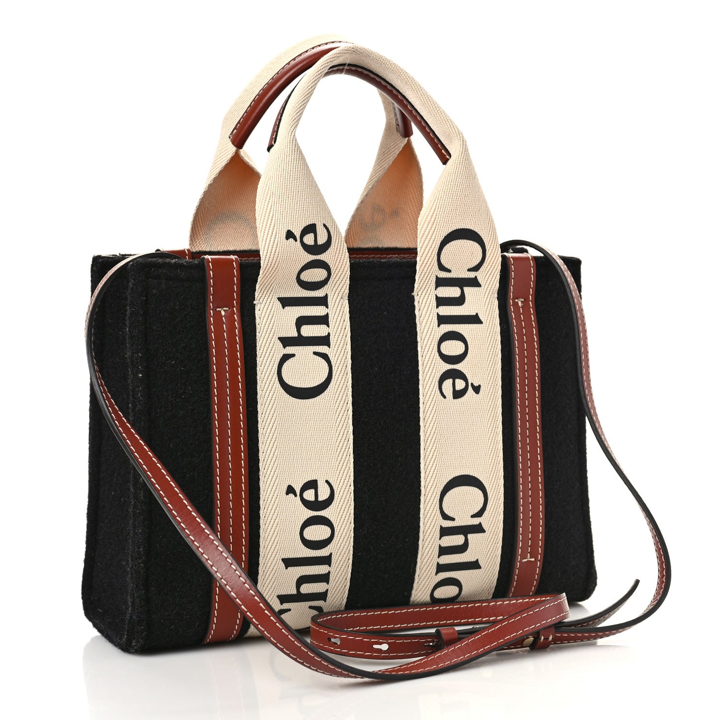 Felt Calfskin Small Woody Ribbon Tote With Strap Black