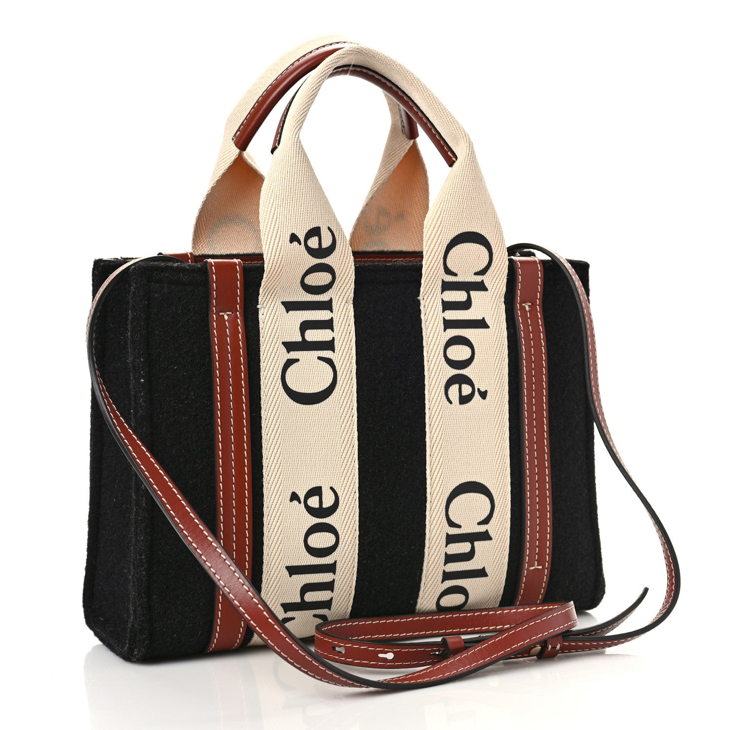 Chloe Felt Calfskin Small Woody Ribbon Tote With Strap Black 3 of 8