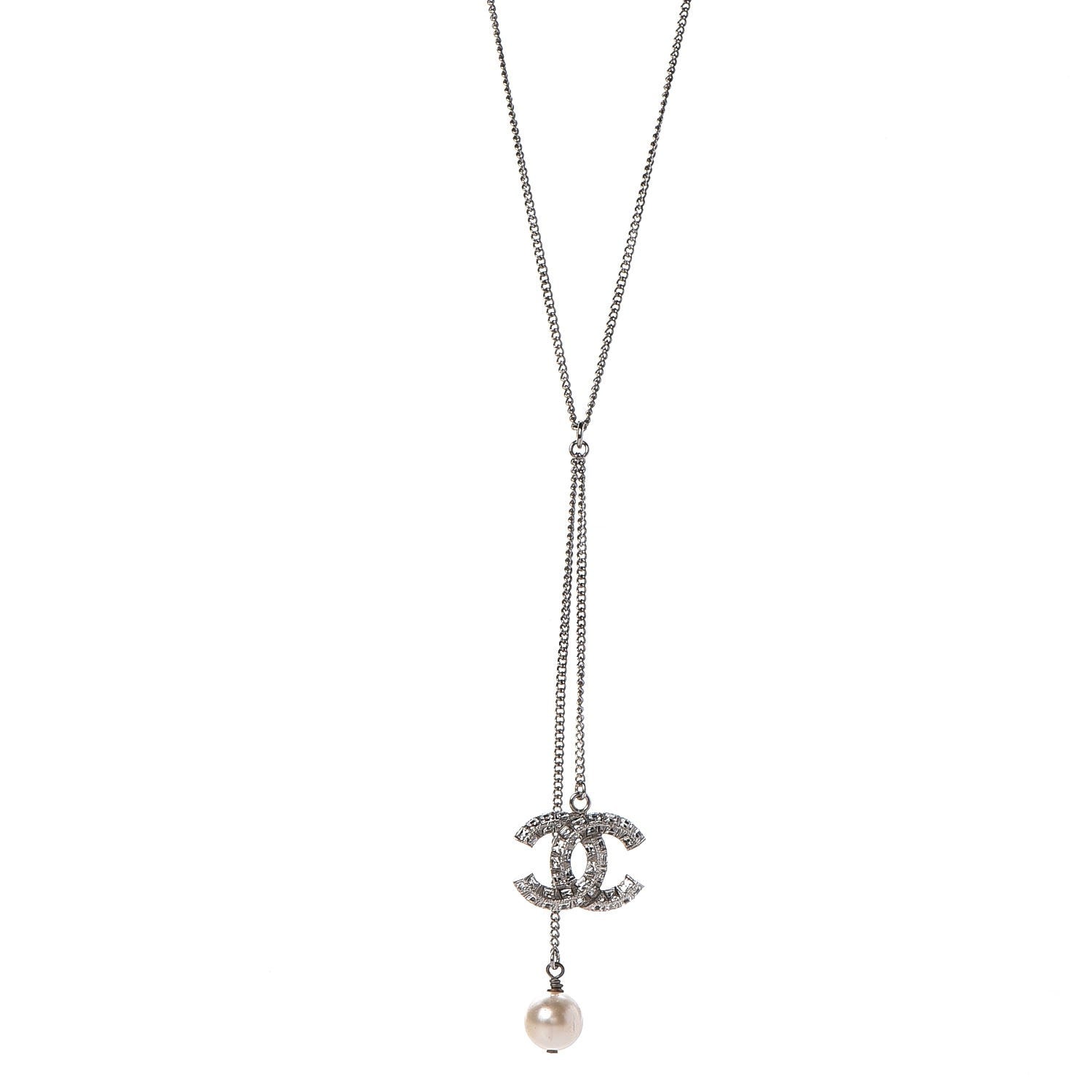 Chanel Baguette Crystal Pearl CC Lariat Necklace Silver 1 of 6
