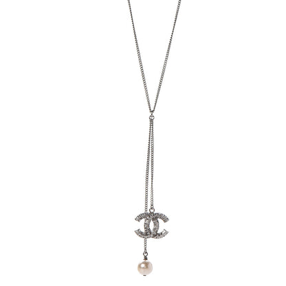 Chanel Baguette Crystal Pearl CC Lariat Necklace Silver 1 of 6