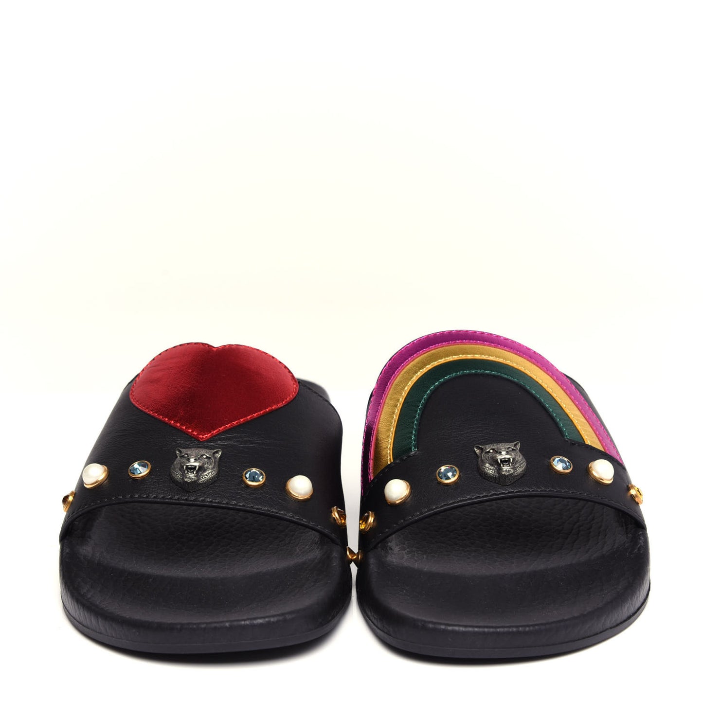 Calfskin Rainbow Heart Pursuit Slide Sandals 38 Black