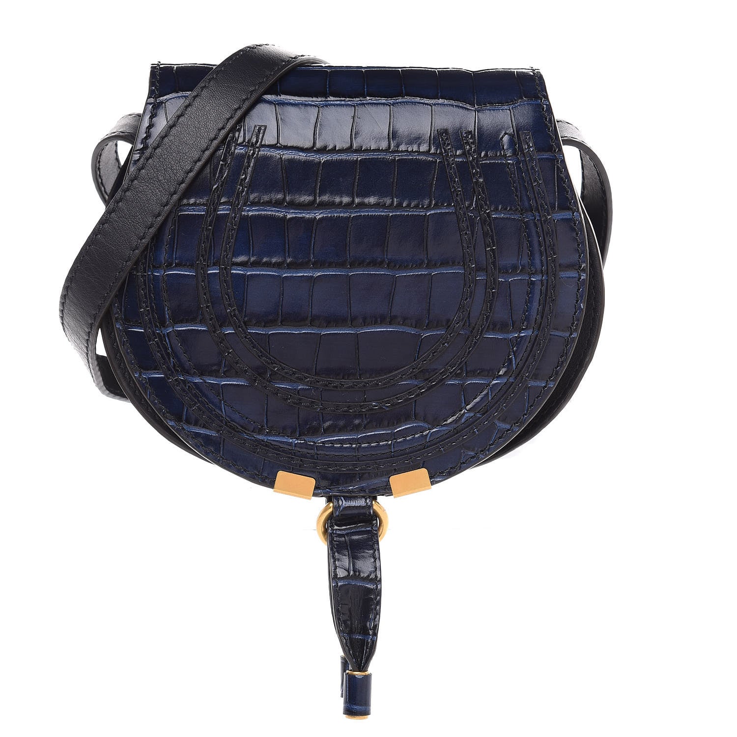 Chloe Calfskin Crocodile Embossed Mini Marcie Round Crossbody Bag Full Blue 1 of 10