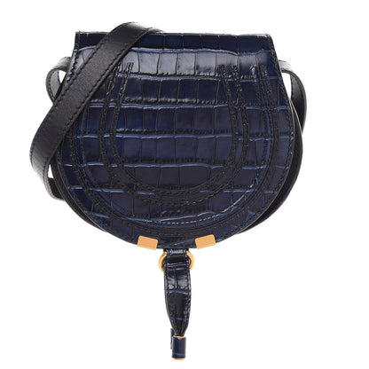 Chloe Calfskin Crocodile Embossed Mini Marcie Round Crossbody Bag Full Blue 1 of 10