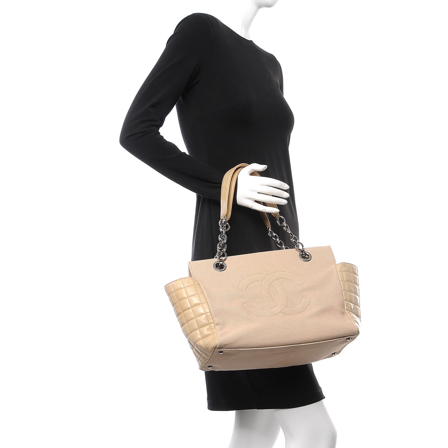 Canvas Lambskin Chocolate Bar CC Shopping Tote Beige