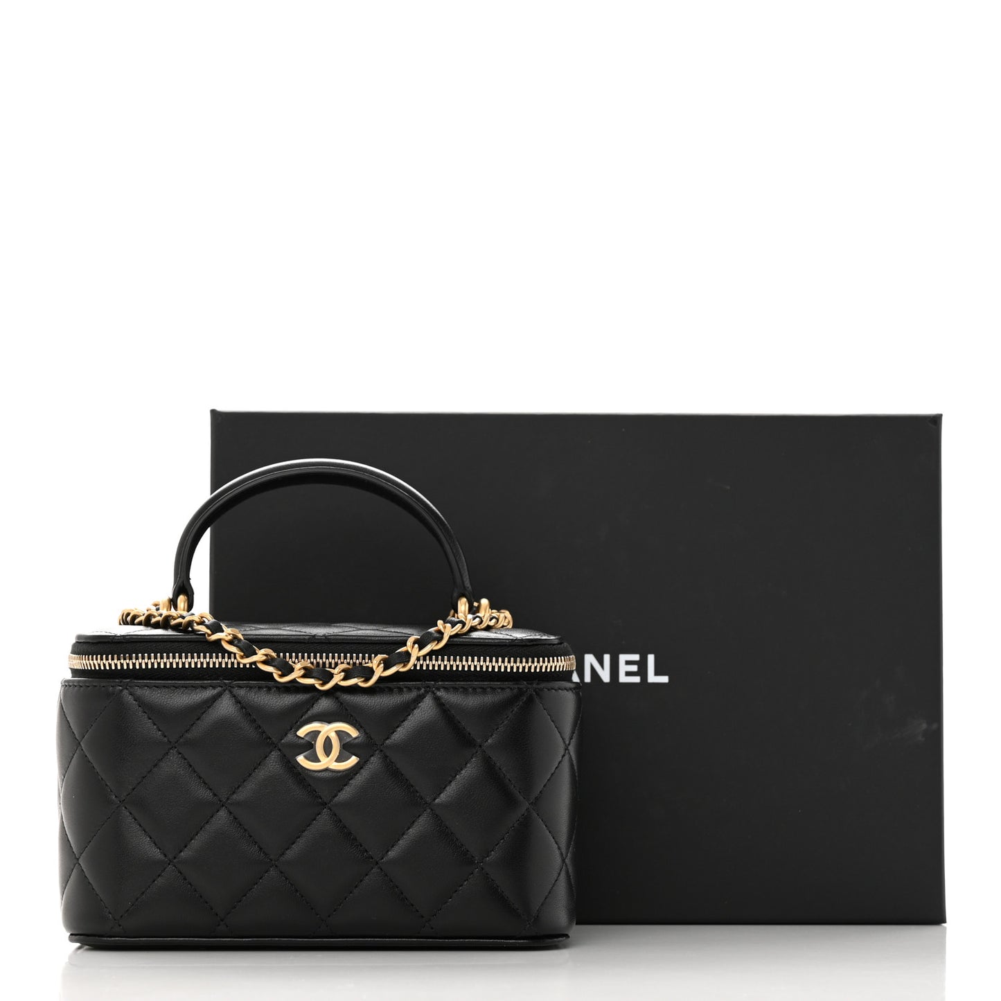 Lambskin Quilted Small Top Handle Vanity Case With Chain Black