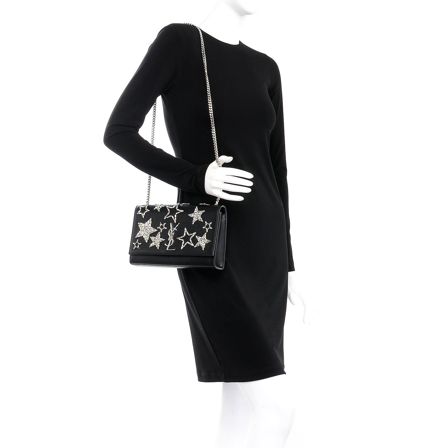 Saint Laurent Calfskin Crystal Star Medium Monogram Kate Satchel Black 2 of 9