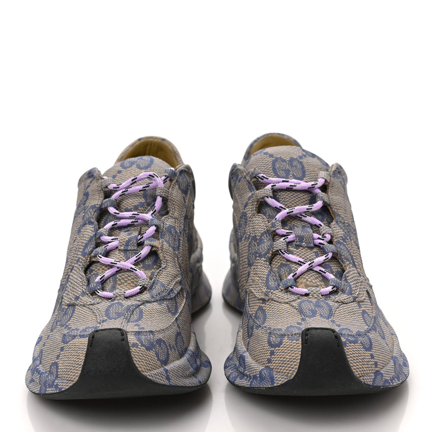 Ultralight Plume Calfskin Monogram Printed Womens Gucci Run Sneakers 37 Beige Blue