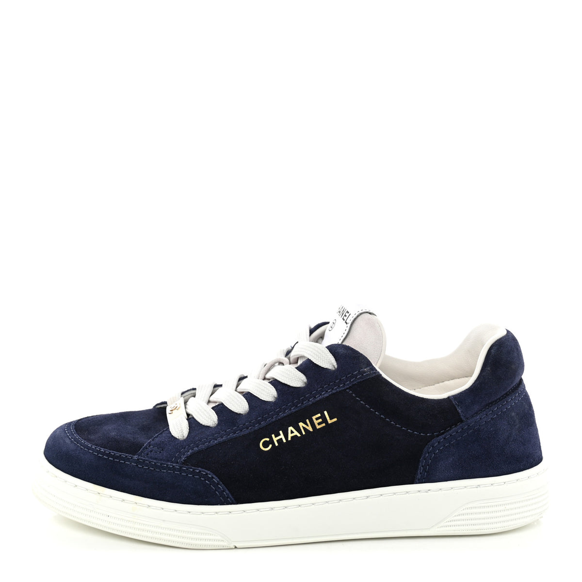 Chanel Suede Calfskin Womens CC Logo Sneakers 38 Navy 1 of 11