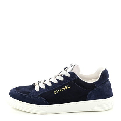 Chanel Suede Calfskin Womens CC Logo Sneakers 38 Navy 1 of 11