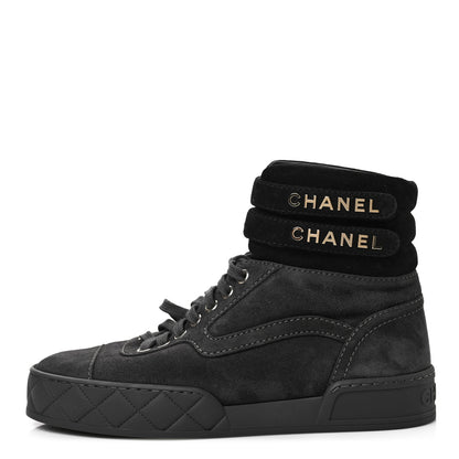 Chanel Suede Logo High Top Sneakers 37 Grey Black 1 of 8