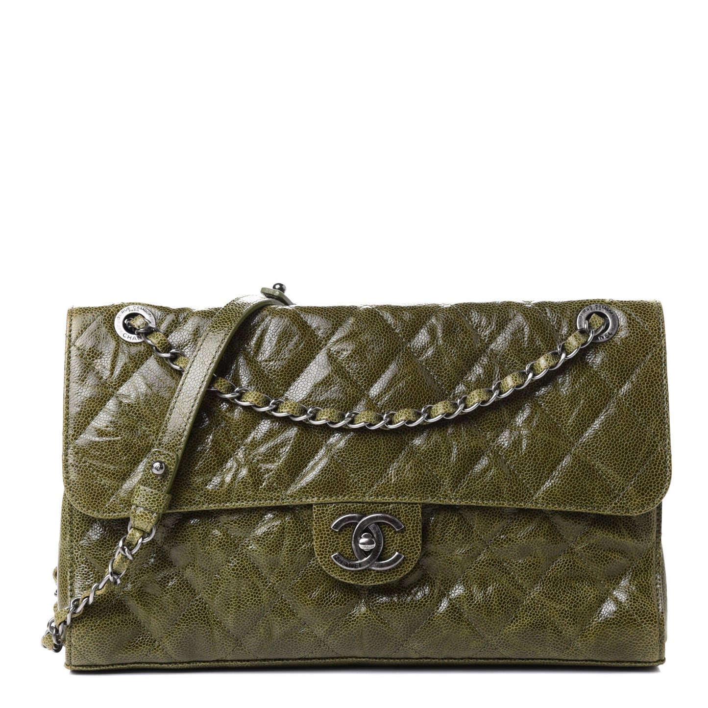 Crumpled Grained Calfskin Jumbo CC Crave Flap Green