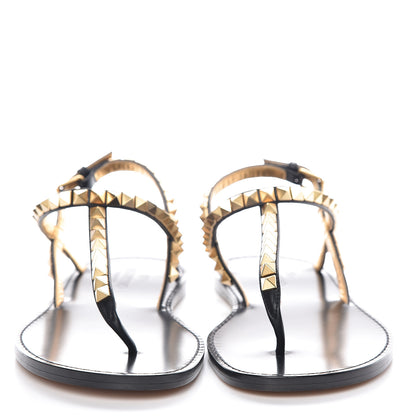 Valentino Garavani Calfskin Rockstud No Limit Slingback Flat Thong Sandals 36.5 Black Gold 2 of 7