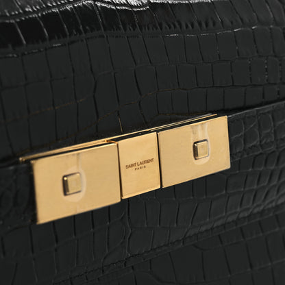 Saint Laurent Shiny Calfskin Crocodile Embossed Manhattan Baguette Black 12 of 12