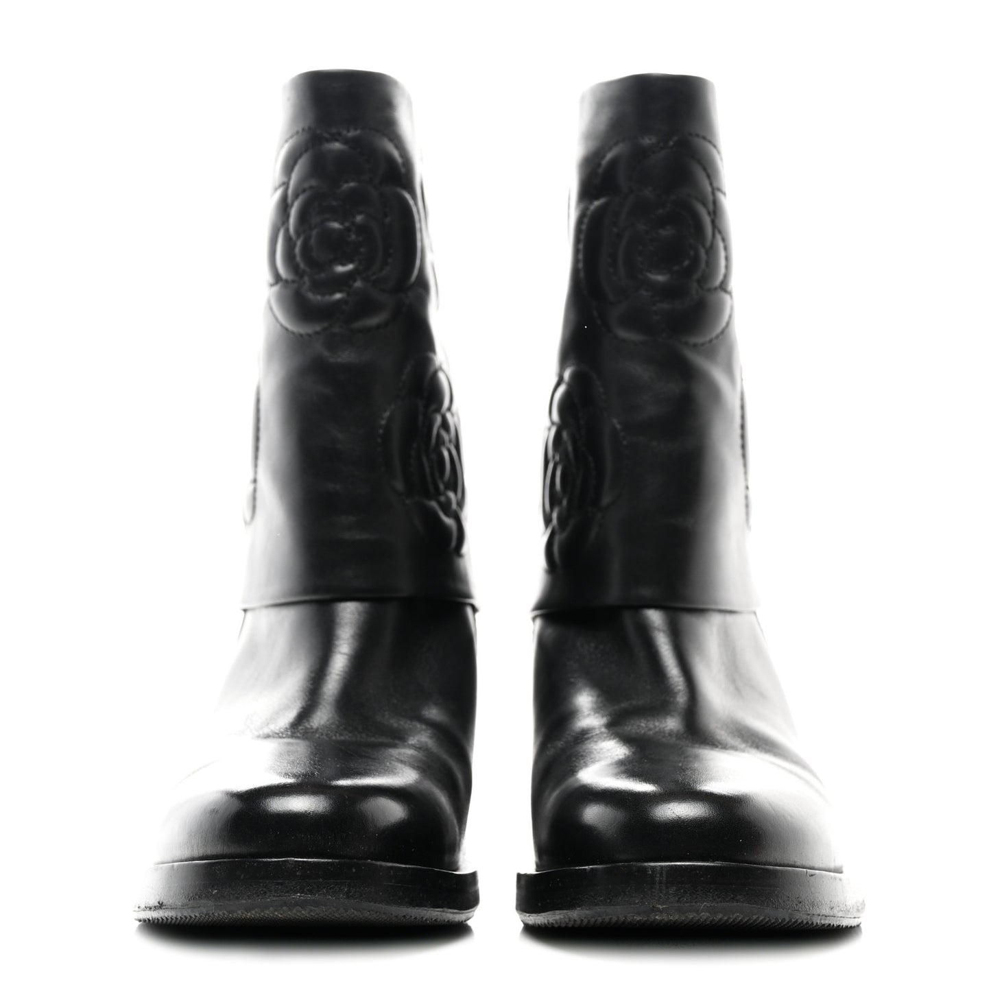 Calfskin Camellia Short Boots 37 Black