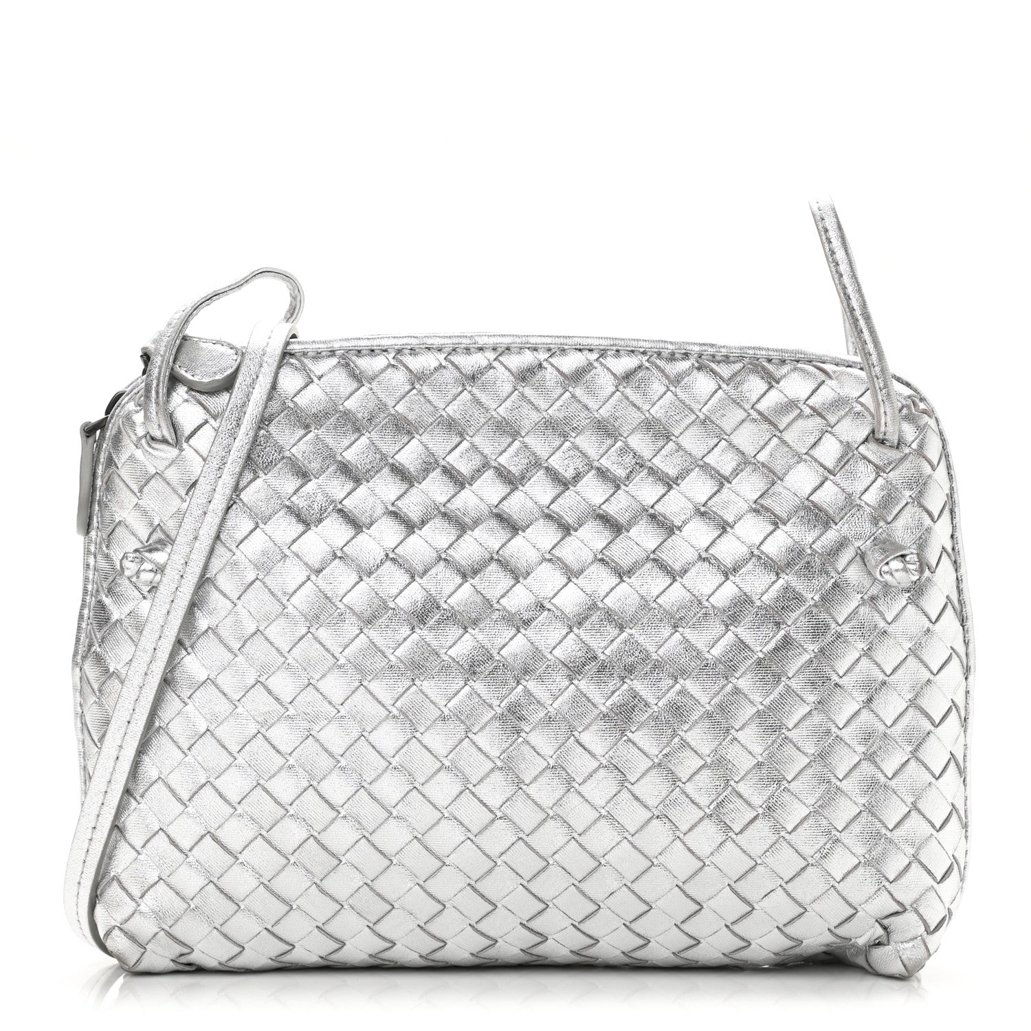 Bottega Veneta Metallic Grosgrain Intrecciato Nodini Crossbody Messenger Silver 1 of 10