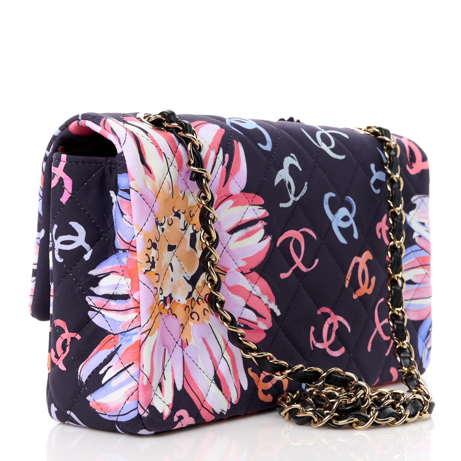 Chanel Printed Fabric Quilted Camellia Flap Black Multicolor 3 of 11