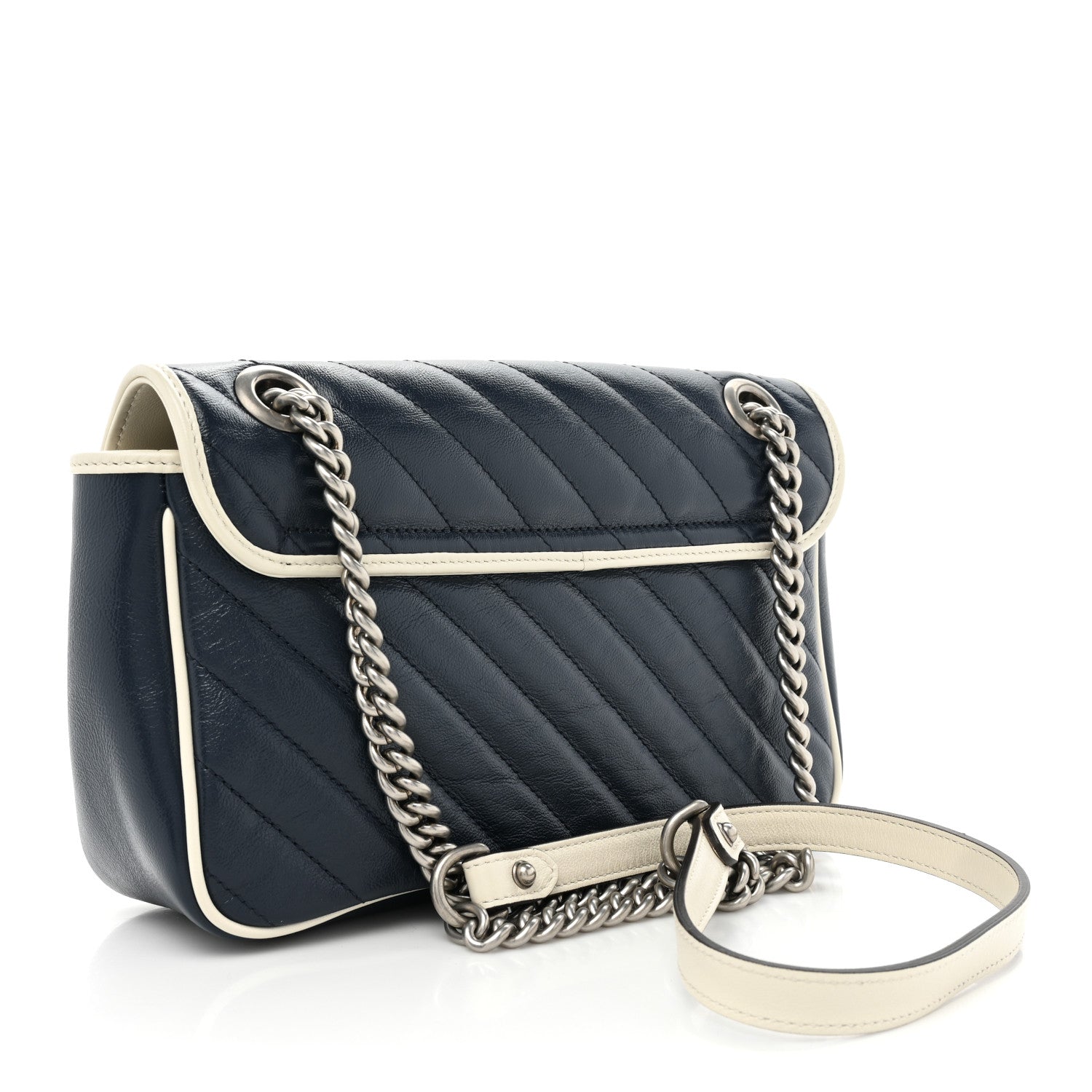 Gucci Vintage Effect Calfskin Matelasse Diagonal Small Torchon GG Marmont Shoulder Bag Blue Agata Mystic White 3 of 9