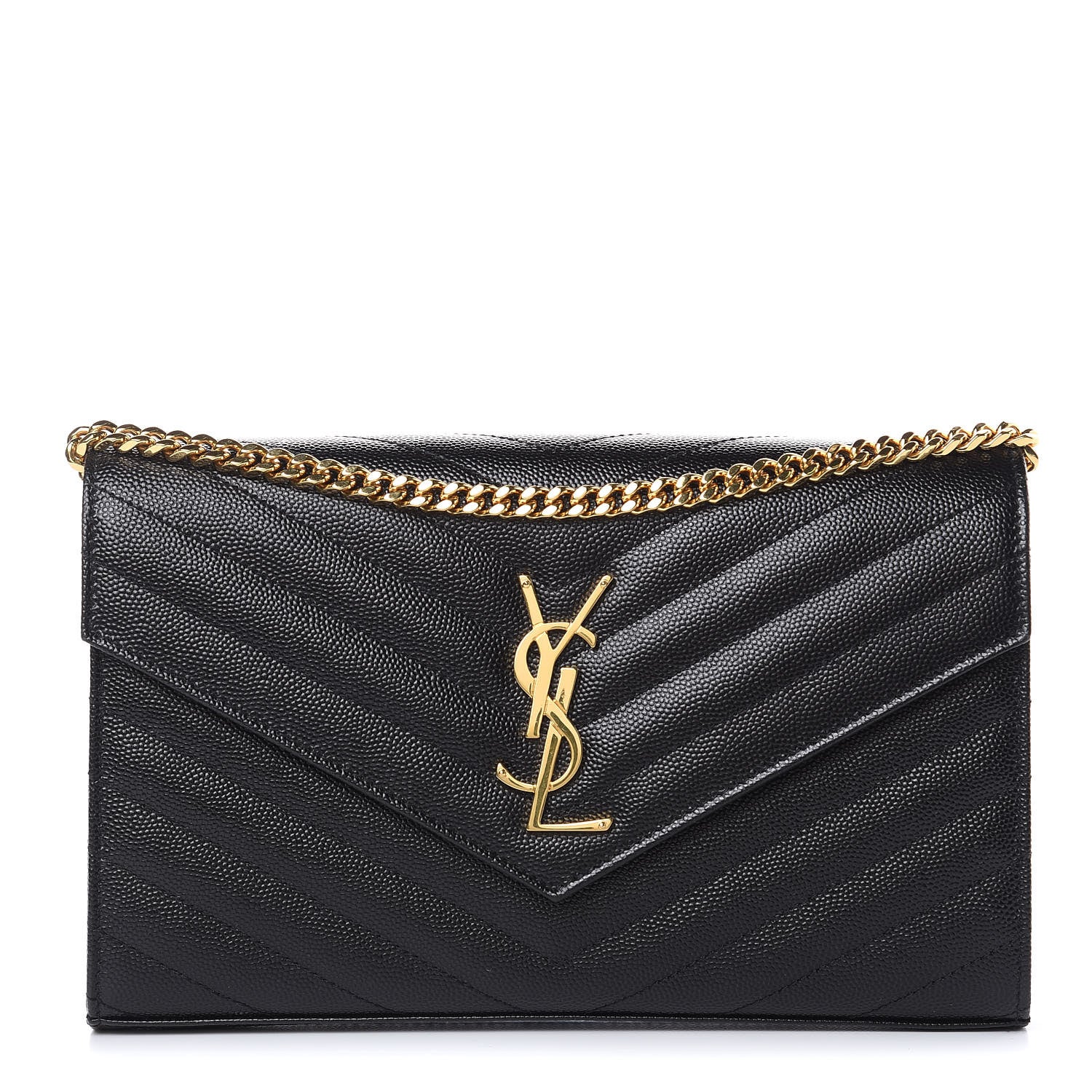 Saint Laurent Grain De Poudre Matelasse Chevron Monogram Chain Wallet Black 1 of 9