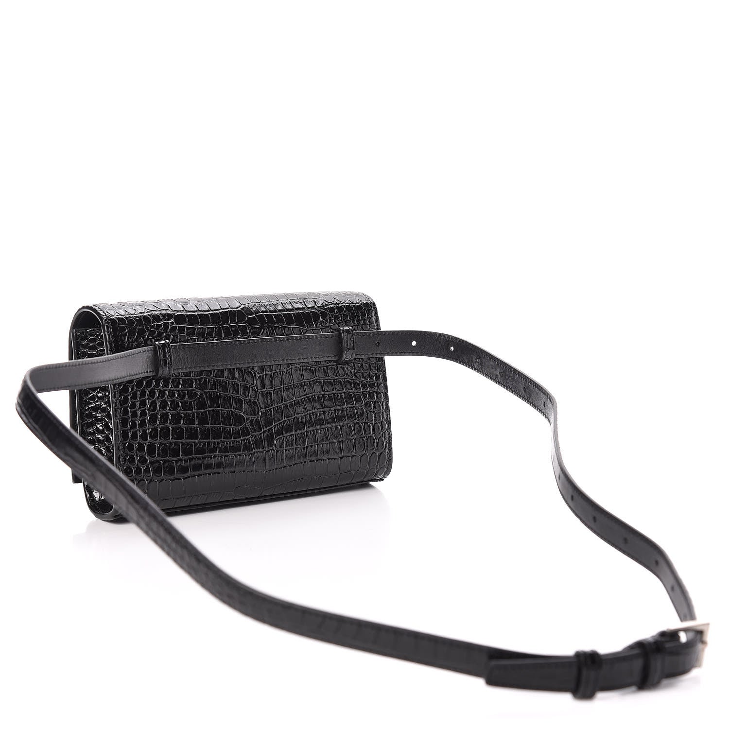 Saint Laurent Calfskin Crocodile Embossed Monogram Kate Belt Bag Black 3 of 10