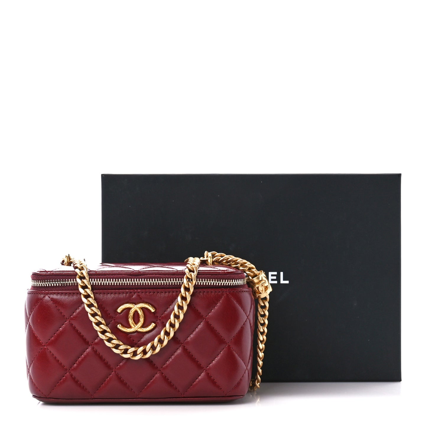 Lambskin Quilted Small Pillow Crush Vanity Case With Chain Dark Red