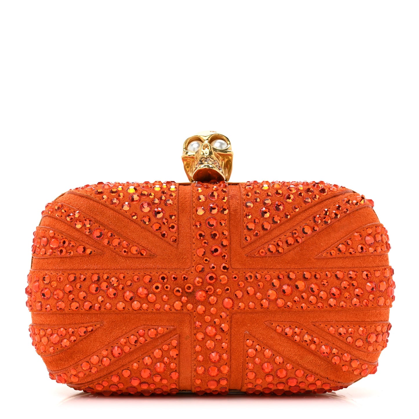 Suede Crystal Britannia Skull Box Clutch Orange