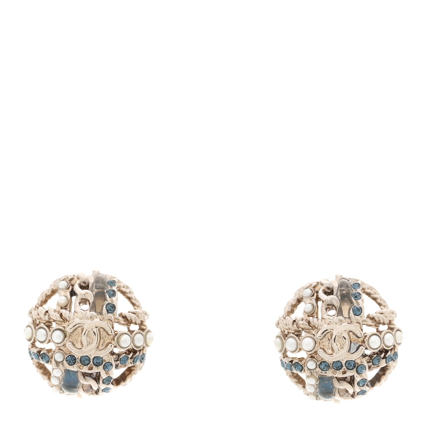 Chanel Crystal Pearl CC Round Earrings Silver Blue 1 of 5
