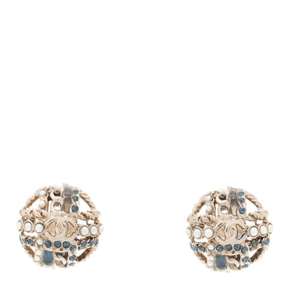 Chanel Crystal Pearl CC Round Earrings Silver Blue 1 of 5