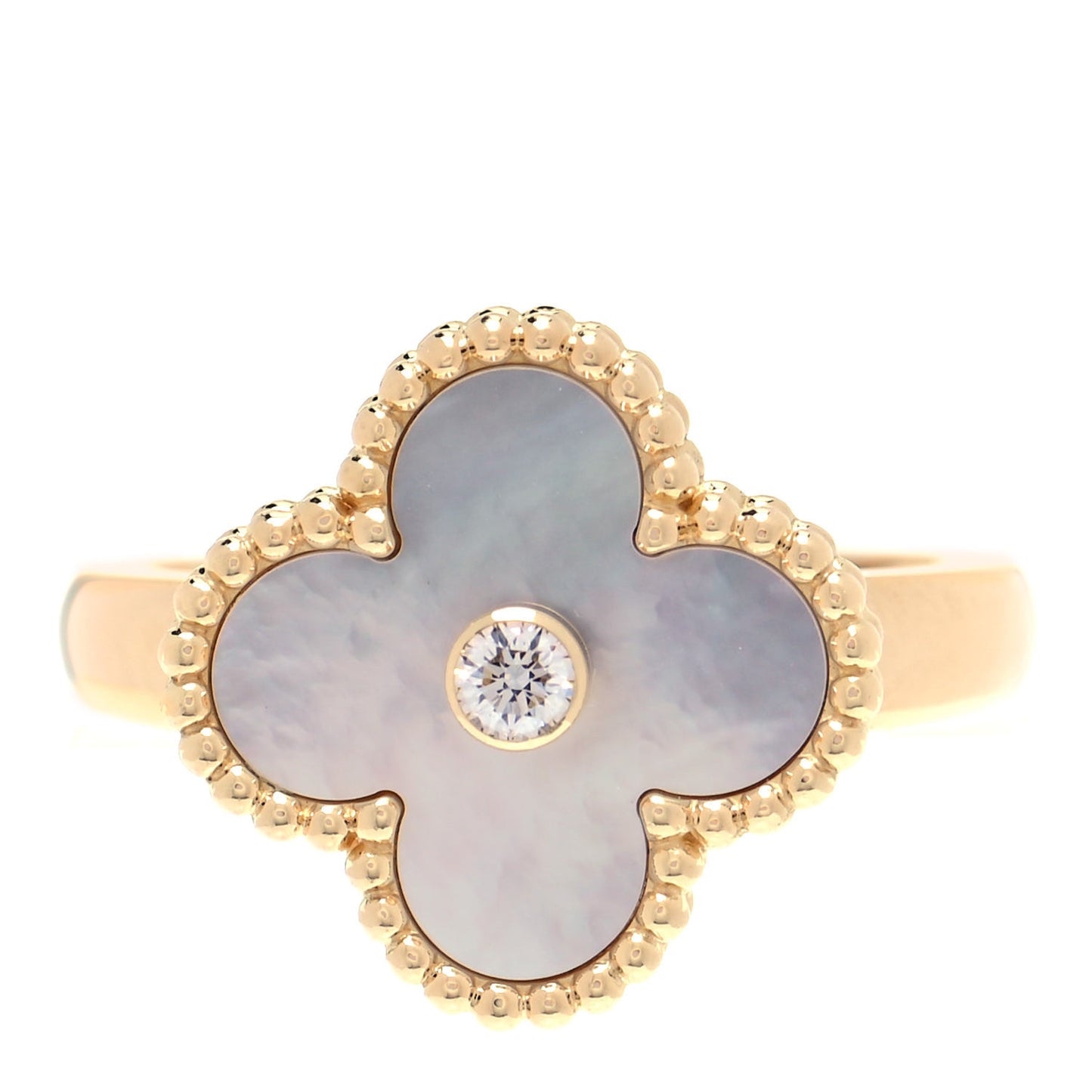 18K Yellow Gold Diamond Mother of Pearl Vintage Alhambra Ring 53 6.25