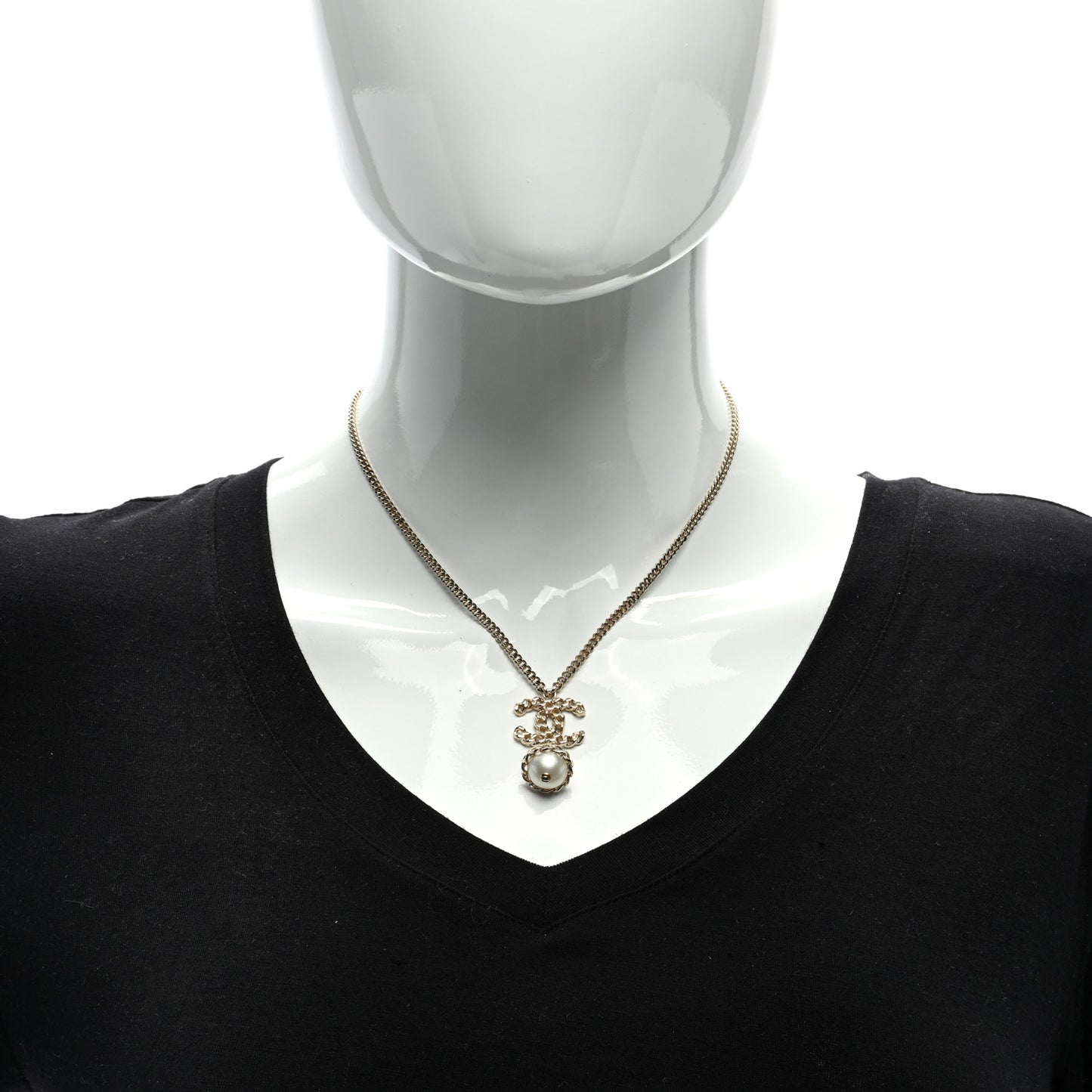 Metal Pearl CC Chain Drop Pendant Necklace Gold