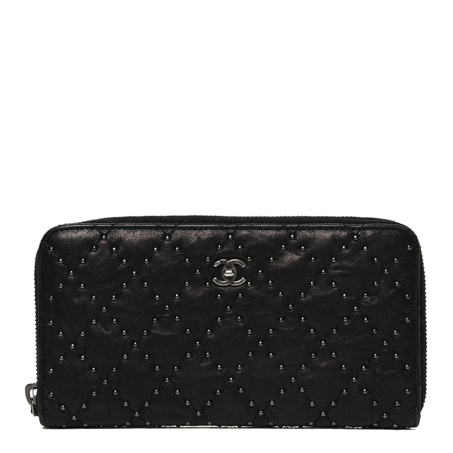 Chanel Crumpled Lambskin Studded Paris Dallas Zip Around Wallet Black 1 of 13