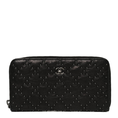 Chanel Crumpled Lambskin Studded Paris Dallas Zip Around Wallet Black 1 of 13