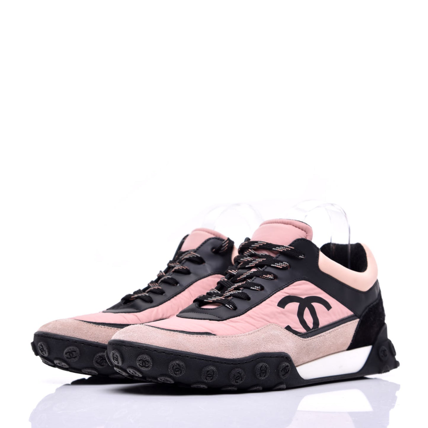 Nylon Calfskin Suede CC Womens Sneakers 42 Pink Black